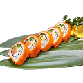Naeki's Salmon and crab stick Uramaki sushi rolls (5 pieces) with tobiko, tamagoyaki, green vegetable, flower, and parsley garnish on bamboo leaf.