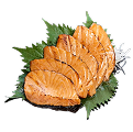 Naeki's Aburi (seared) salmon sashimi plate with shiso leaves and daikon.