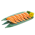 A close-up shot of Naeki's six pieces of fresh salmon nigiri sushi presented on a green bamboo leaf. A sprig of green garnish and a yellow chrysanthemum are placed next to the sushi. The background is completely black, making the vibrant orange of the salmon stand out.