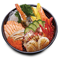 Naeki's Grand chirashi donburi with salmon, tuna, scallops, octopus, shrimp, mackerel, tamagoyaki, crab, cucumber, and daikon.