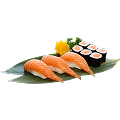 A close-up shot of a Naeki's sushi platter on a green bamboo leaf. The platter includes three pieces of salmon nigiri and six pieces of salmon maki rolls. A yellow chrysanthemum and a sprig of green garnish are placed at the top right. The background is completely black, making the sushi stand out.