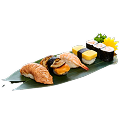 A close-up shot of a Naeki's sushi platter on a green bamboo leaf. The platter includes a variety of nigiri and maki sushi, such as seared salmon, surf clam, shrimp, tamago (sweet egg), and salmon maki rolls. A yellow chrysanthemum and a sprig of green garnish are placed next to the sushi. The background is completely black, making the sushi stand out.