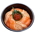 Naeki's Salmon donburi with fresh and seared salmon sashimi, ikura, and shiso leaf.