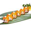 Naeki's California maki sushi rolls (6 pieces) with tobiko, mayonnaise, and flower garnish on bamboo leaf.