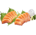Naeki's Double portion of salmon sashimi with shiso leaves, wasabi, and daikon.