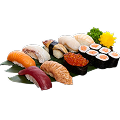 A close-up shot of a Naeki's sushi platter on a green bamboo leaf. The platter includes a variety of nigiri and maki sushi, such as salmon, tuna, flounder fin, eel, scallops, salmon roe, and salmon maki rolls. A yellow chrysanthemum and a sprig of green garnish are placed next to the sushi. The background is completely black, making the sushi stand out.