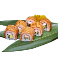 Naeki's Aburi salmon sushi rolls (6 pieces) with crab stick, tamagoyaki, green vegetable, and flower garnish on bamboo leaf.