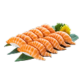 A close-up shot of a Naeki's sushi platter on a black background. The platter contains two rows of fresh salmon nigiri, with five pieces in the front row and five in the back row, presented on green bamboo leaves. A sprig of green garnish and a yellow chrysanthemum are placed at the top right.