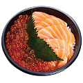 An overhead shot of a Naeki's Japanese bowl filled with white rice. The bowl is topped with two main ingredients, each occupying half of the surface. On the right, there are numerous thin slices of raw salmon sashimi. On the left, there is a large pile of glistening red salmon roe (ikura). A green perilla leaf (shiso) is placed between the two ingredients. The bowl is black and rests on a solid black background.
