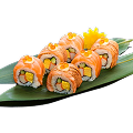 Naeki's Salmon and aburi salmon sushi rolls (6 pieces) with ikura, mayonnaise, tamagoyaki, green vegetable, and flower garnish on bamboo leaf.