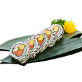 Naeki's Salmon Uramaki sushi rolls (5 pieces) with tamagoyaki, green vegetable, black sesame, and flower garnish on bamboo leaf.