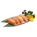 A close-up shot of a Naeki's sushi platter on a green bamboo leaf. The platter includes four pieces of salmon nigiri, arranged from left to right: one piece of fresh salmon, one piece of seared salmon, another piece of fresh salmon, and another piece of seared salmon. A sprig of green garnish and a yellow chrysanthemum are placed at the top right. The background is completely black, making the sushi stand out.