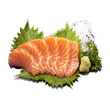 Naeki's Salmon sashimi plate with shiso leaf, wasabi, and daikon.