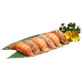 A close-up shot of a Naeki's sushi platter on a green bamboo leaf. The platter includes six pieces of salmon nigiri arranged from left to right, alternating between fresh salmon and seared salmon. A sprig of green garnish and a yellow chrysanthemum are placed at the top right. The background is completely black, making the sushi stand out.