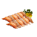 A close-up shot of a Naeki's sushi platter on a black background. The platter features two types of salmon nigiri sushi arranged in two rows. The front row contains five pieces of fresh salmon nigiri, while the back row contains five pieces of seared salmon nigiri. A yellow chrysanthemum and a sprig of green garnish are placed at the top right.