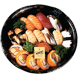 Naeki's large, black, round platter of assorted sushi. The platter is filled with rows of various nigiri sushi, including salmon, tuna, eel, white fish, and octopus. In the bottom section, there is a row of maki rolls with salmon and what appears to be egg. A small, yellow square card with the restaurant's logo, "MAKI," is placed in the center of the platter.