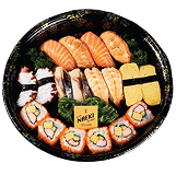 Naeki's sushi set consists of assorted sushi, tamagoyaki (sweet omelet), shrimp, salmon, squid, and California roll.