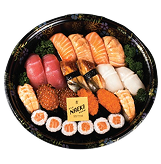 Naeki's platter of various types of sushi. The platter, which is round and black, contains multiple pieces of salmon, tuna, eel, shrimp, and what appears to be squid nigiri. In the center are pieces of salmon roe gunkan maki and a few pieces of California rolls. There is a small square card with the restaurant's logo in the middle.